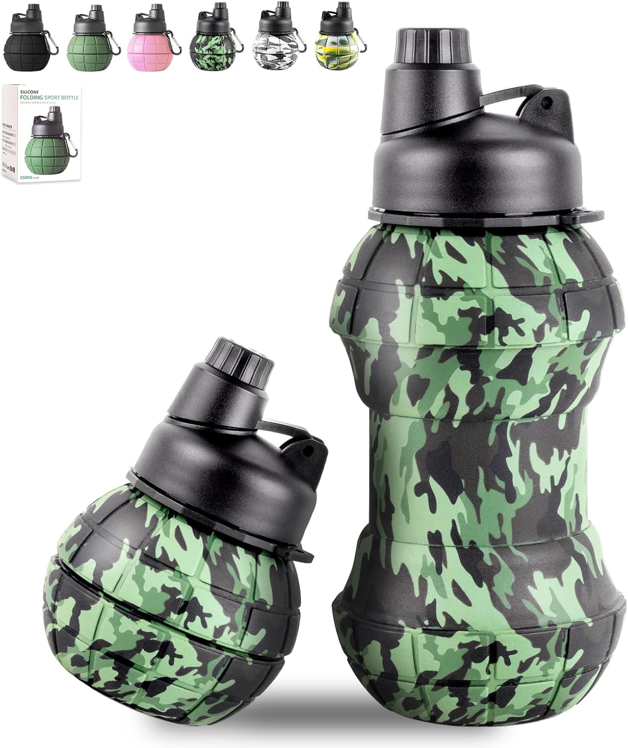 Collapsible Travel Water Bottles, 550ml Silicone Foldable Grenade Type, Leakproof Portable Expandable for Traveling, Camping, Hiking, Cycling & Sports Outdoor