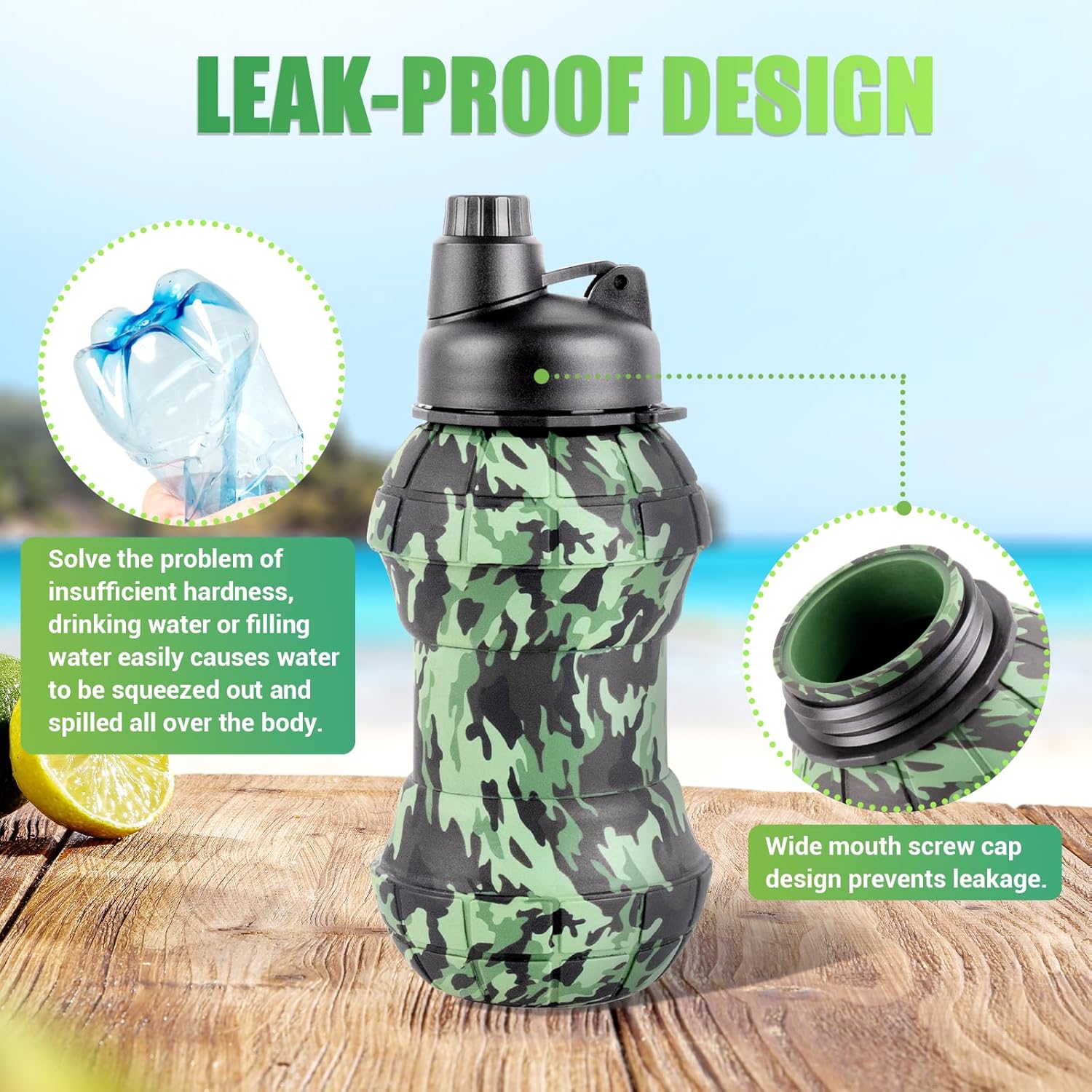Collapsible Travel Water Bottles, 550ml Silicone Foldable Grenade Type, Leakproof Portable Expandable for Traveling, Camping, Hiking, Cycling & Sports Outdoor - Image 2