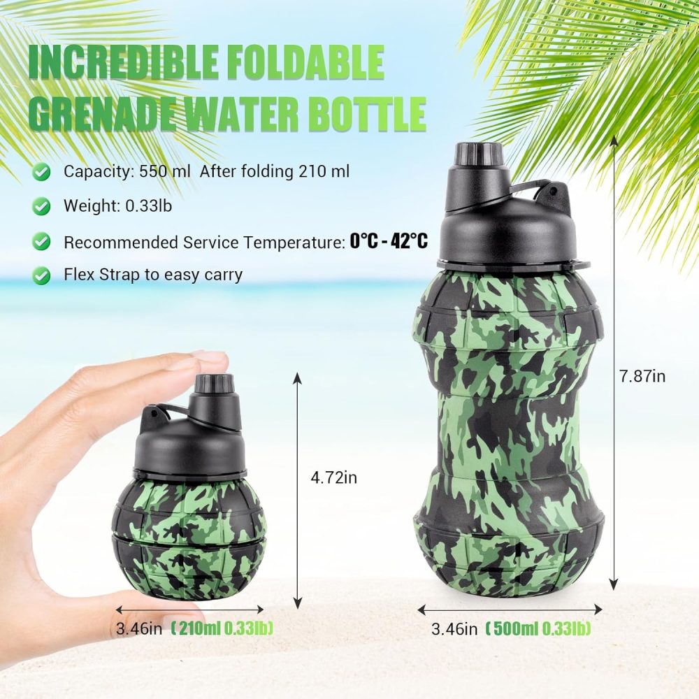 Collapsible Travel Water Bottles, 550ml Silicone Foldable Grenade Type, Leakproof Portable Expandable for Traveling, Camping, Hiking, Cycling & Sports Outdoor - Image 3