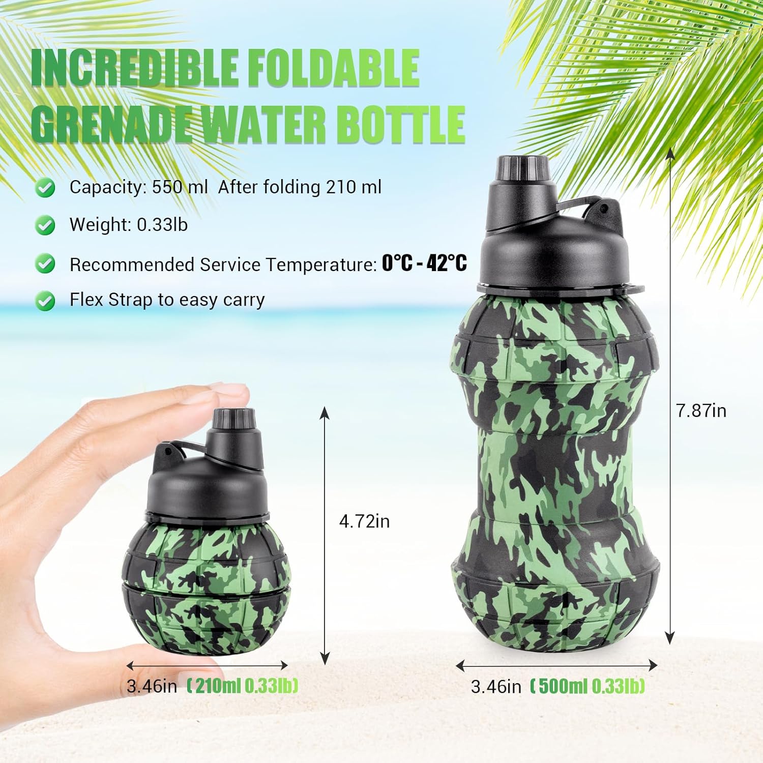Collapsible Travel Water Bottles, 550ml Silicone Foldable Grenade Type, Leakproof Portable Expandable for Traveling, Camping, Hiking, Cycling & Sports Outdoor - Image 3