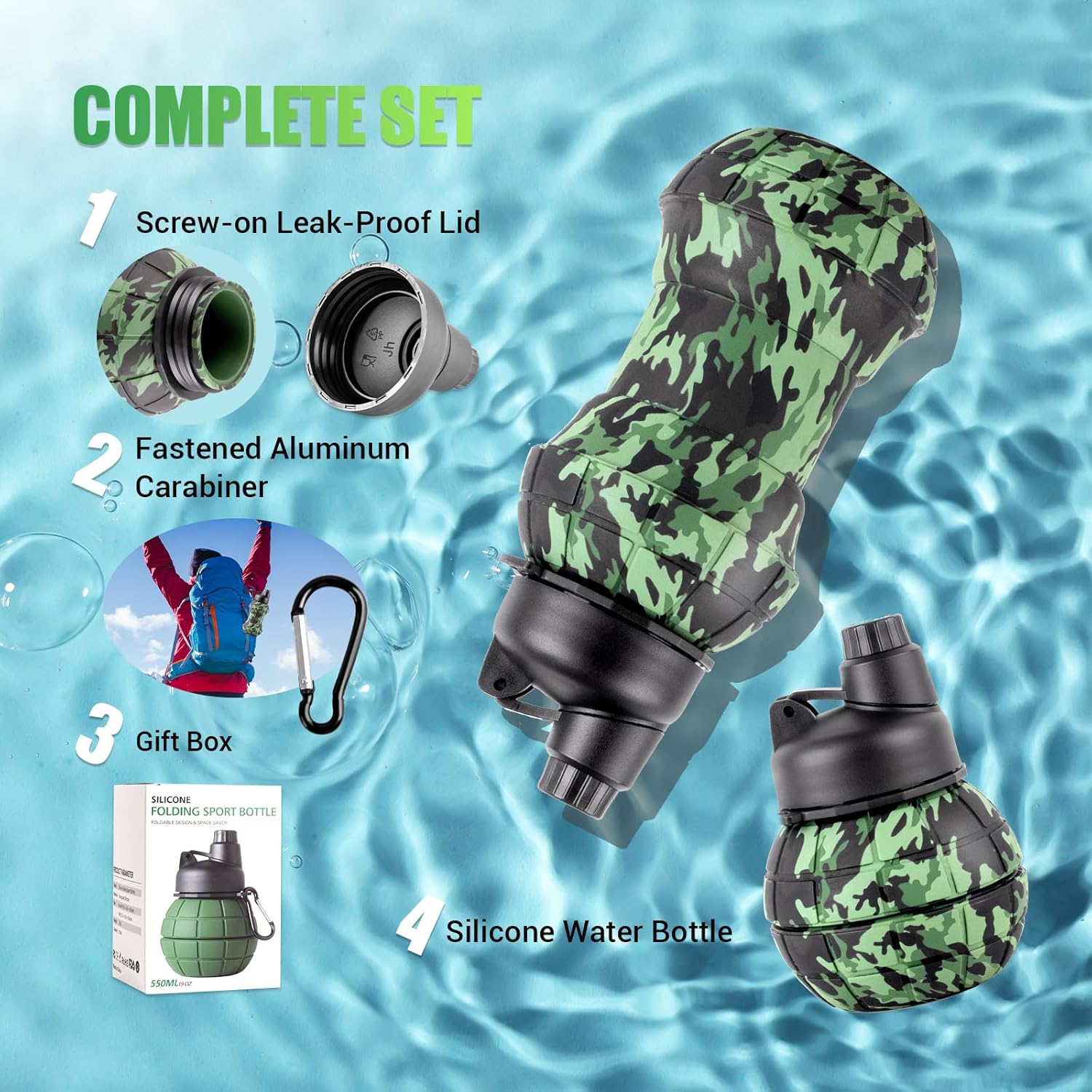 Collapsible Travel Water Bottles, 550ml Silicone Foldable Grenade Type, Leakproof Portable Expandable for Traveling, Camping, Hiking, Cycling & Sports Outdoor - Image 6