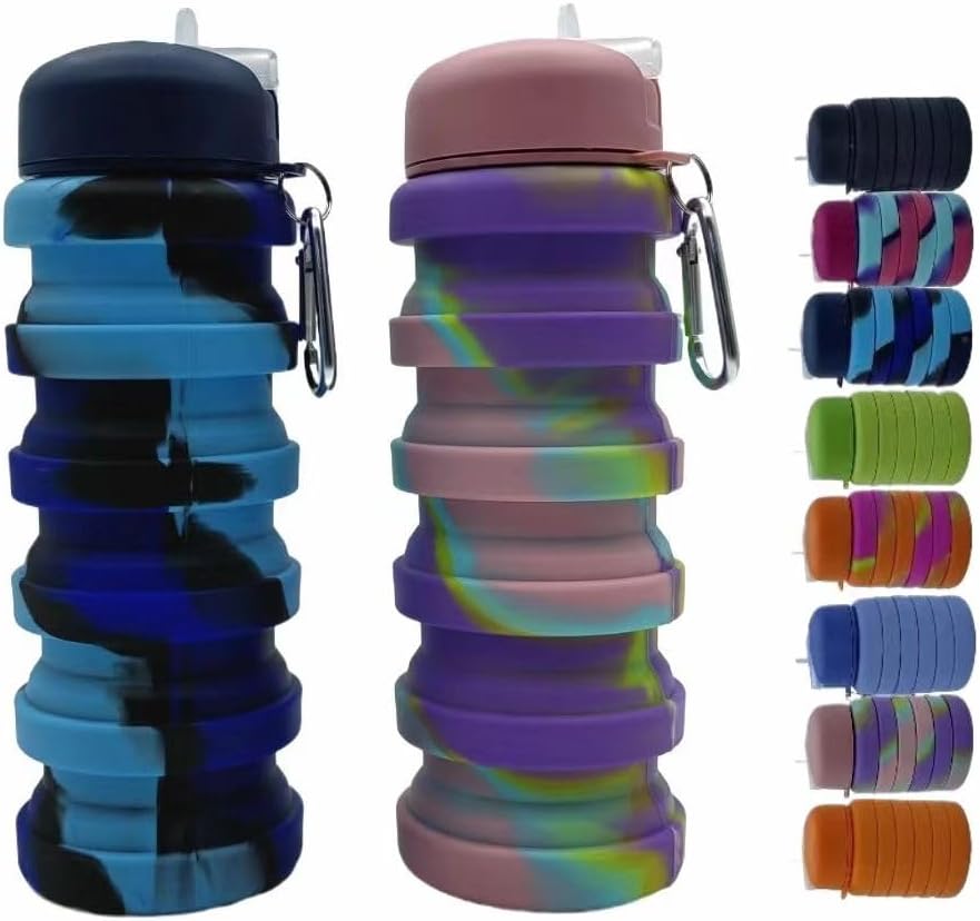 Collapsible Water Bottles 2 Pack 16oz(about 500ml), Travel Portable Sport Water Bottle, Silicone Foldable Water Bottles for Gym Camping Outdoor Hiking. (Blue Camouflage+Pink Camouflage)