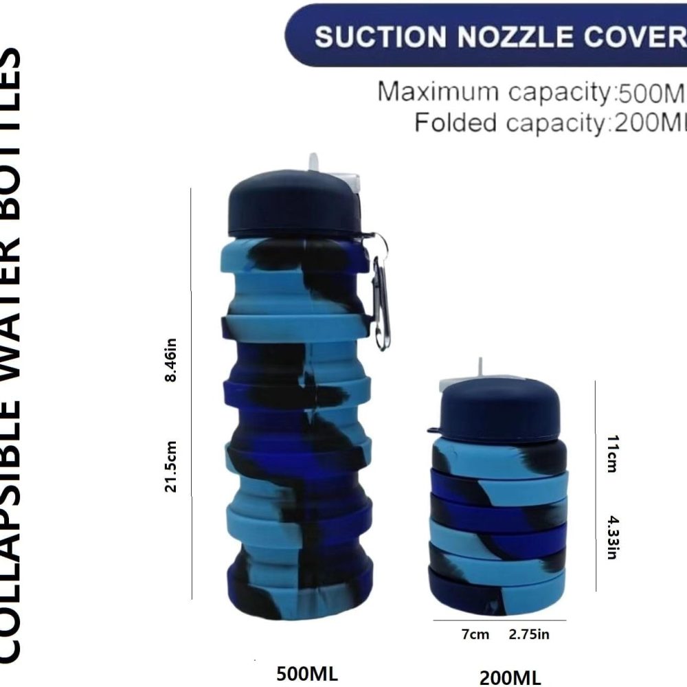 Collapsible Water Bottles 2 Pack 16oz(about 500ml), Travel Portable Sport Water Bottle, Silicone Foldable Water Bottles for Gym Camping Outdoor Hiking. (Blue Camouflage+Pink Camouflage) - Image 6