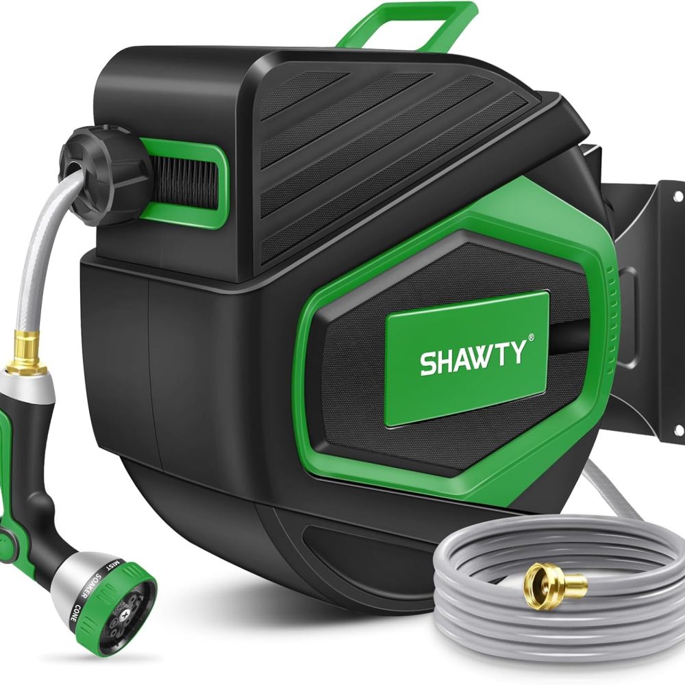 SHAWTY Retractable Garden Hose Reel 100FT 1/2" - 4-Layer Hose with Metal Bracket, Auto-Lock Slow Retraction, Outdoor Water Hose Reel for Yard & Garden - Nozzle Included (Green, 1/2" 100ft)