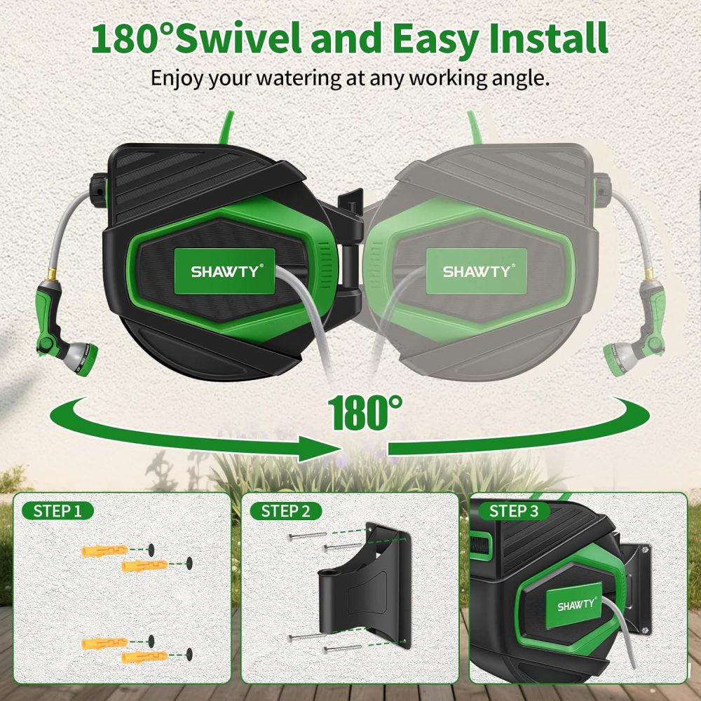 SHAWTY Retractable Garden Hose Reel 100FT 1/2" - 4-Layer Hose with Metal Bracket, Auto-Lock Slow Retraction, Outdoor Water Hose Reel for Yard & Garden - Nozzle Included (Green, 1/2" 100ft) - Image 4