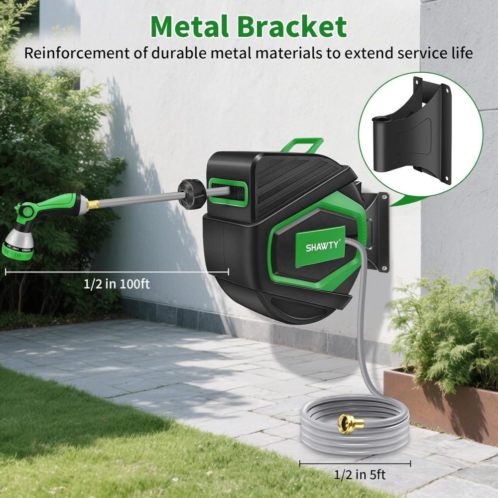 SHAWTY Retractable Garden Hose Reel 100FT 1/2" - 4-Layer Hose with Metal Bracket, Auto-Lock Slow Retraction, Outdoor Water Hose Reel for Yard & Garden - Nozzle Included (Green, 1/2" 100ft) - Image 5