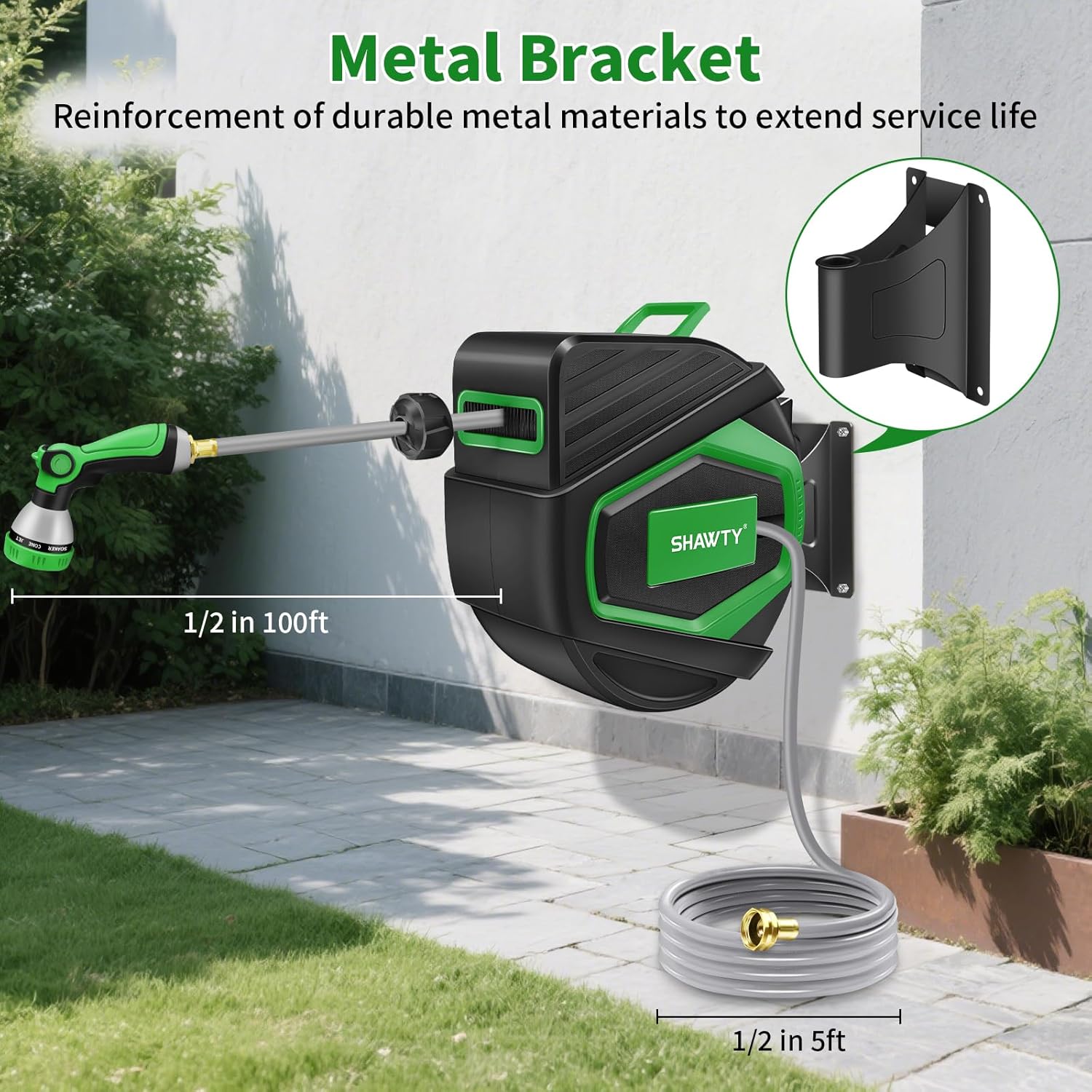 SHAWTY Retractable Garden Hose Reel 100FT 1/2" - 4-Layer Hose with Metal Bracket, Auto-Lock Slow Retraction, Outdoor Water Hose Reel for Yard & Garden - Nozzle Included (Green, 1/2" 100ft) - Image 5