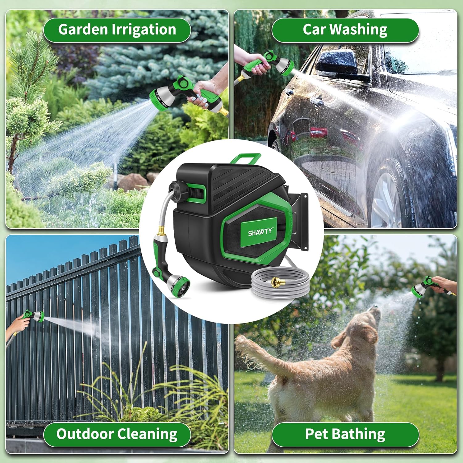 SHAWTY Retractable Garden Hose Reel 100FT 1/2" - 4-Layer Hose with Metal Bracket, Auto-Lock Slow Retraction, Outdoor Water Hose Reel for Yard & Garden - Nozzle Included (Green, 1/2" 100ft) - Image 6