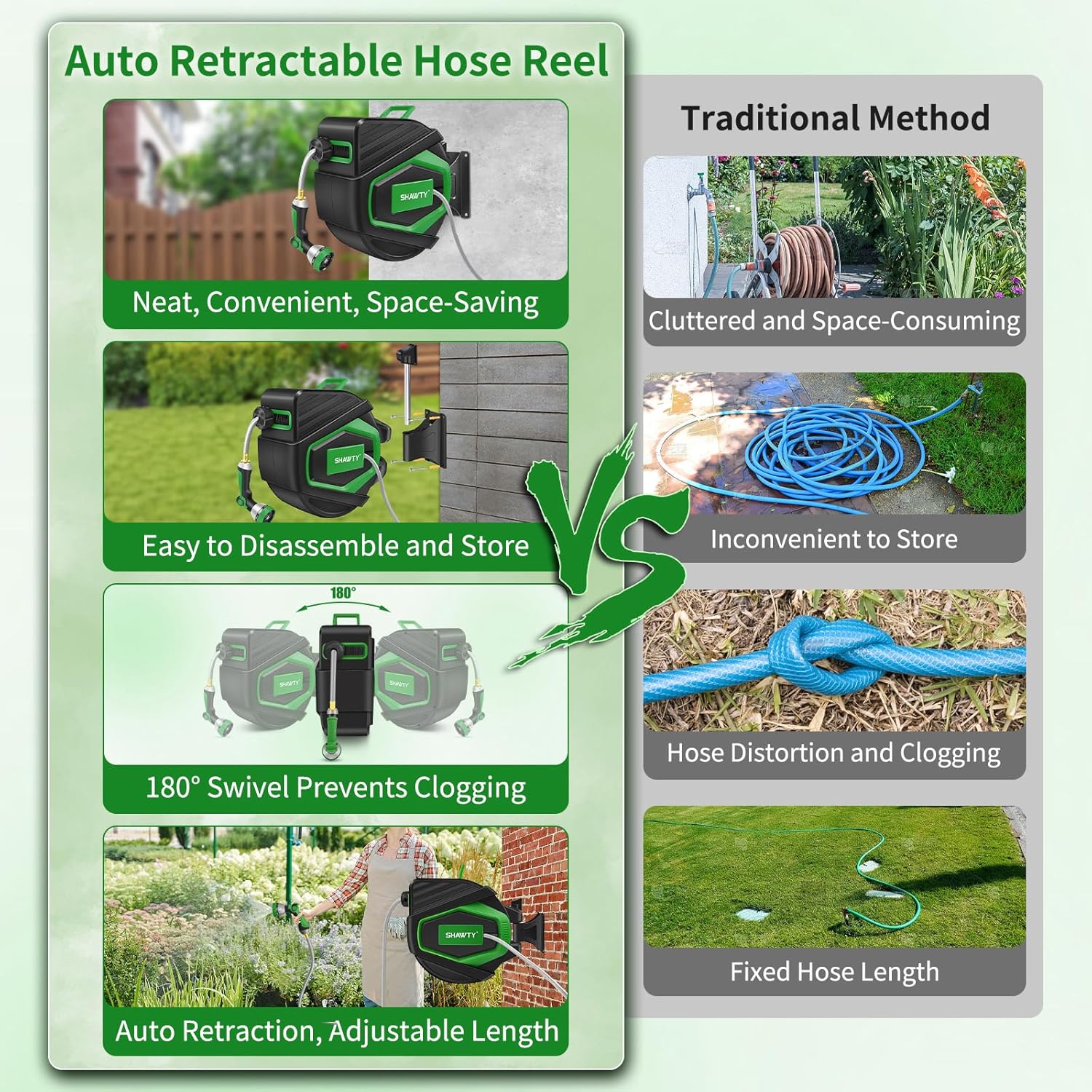 SHAWTY Retractable Garden Hose Reel 100FT 1/2" - 4-Layer Hose with Metal Bracket, Auto-Lock Slow Retraction, Outdoor Water Hose Reel for Yard & Garden - Nozzle Included (Green, 1/2" 100ft) - Image 9