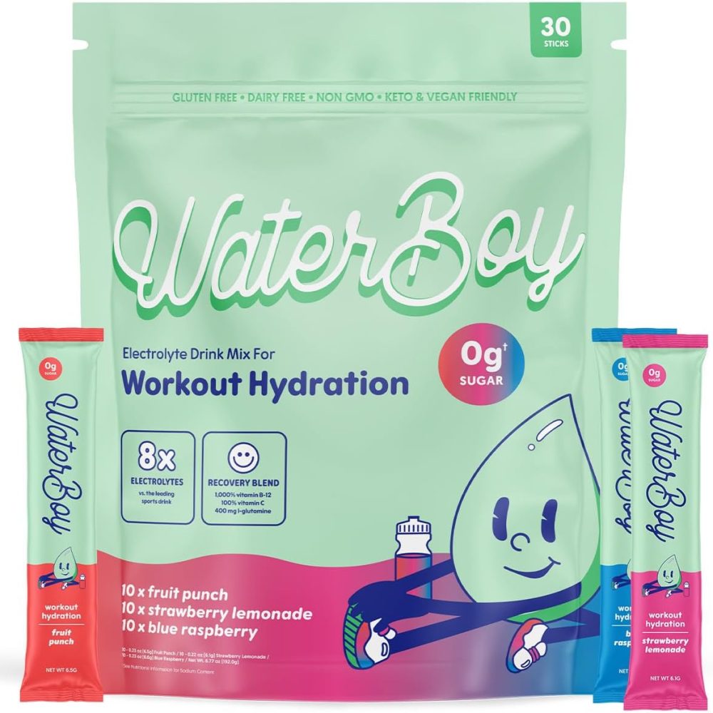 Waterboy Workout Hydration | 2,960mg Sugar Free Electrolyte Powder Packets | L-Glutamine + Vitamins | No Sugar, All Natural, Gluten Free (Variety)